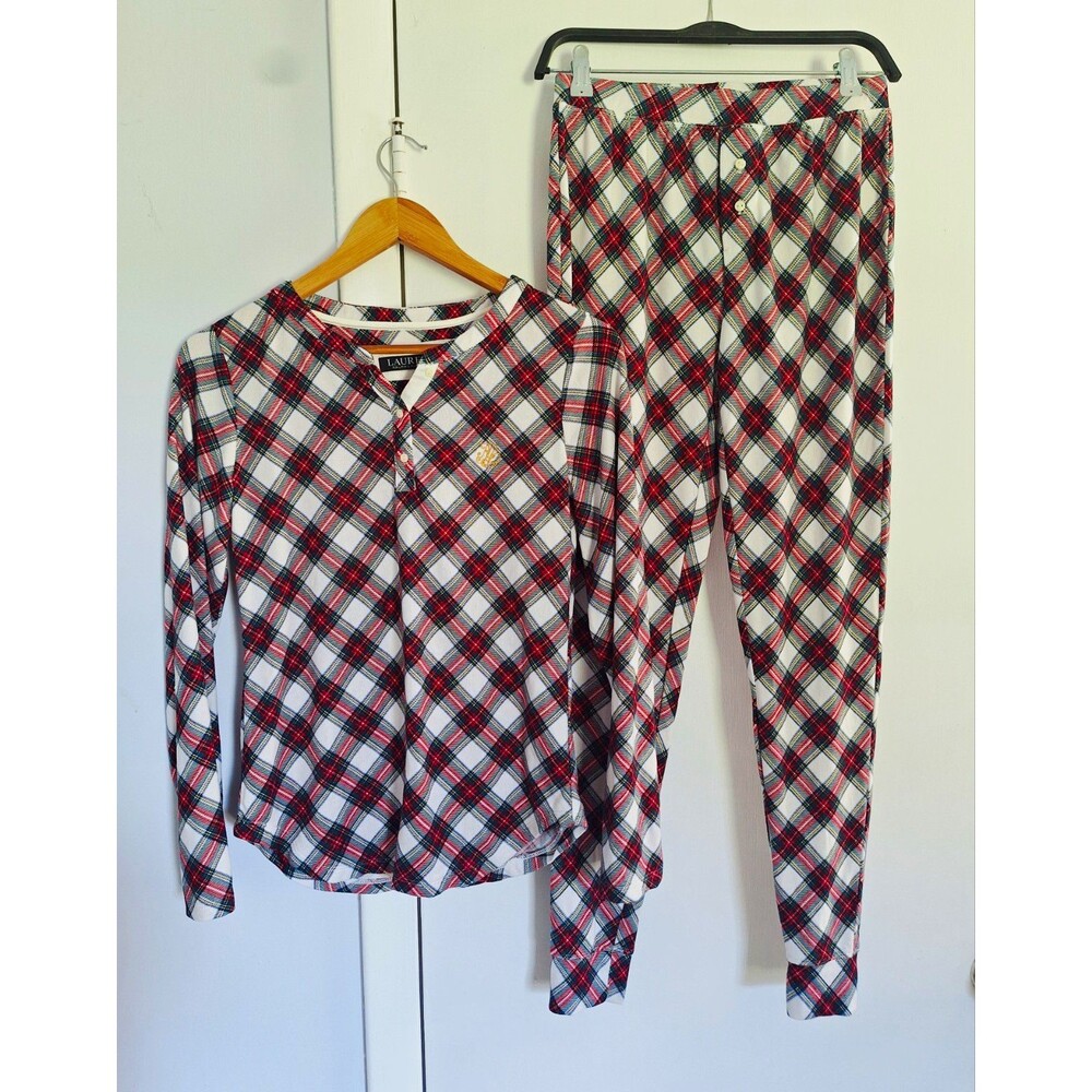 Lauren Ralph Lauren Women’s XS Jersey Henley Holiday Plaid Knit Pajama Set